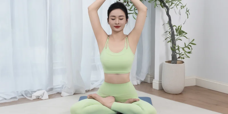 Người tập ngồi thiền tư thế hoa sen trên thảm yoga cao su Louis Yoga màu xanh có vạch laser định tuyến